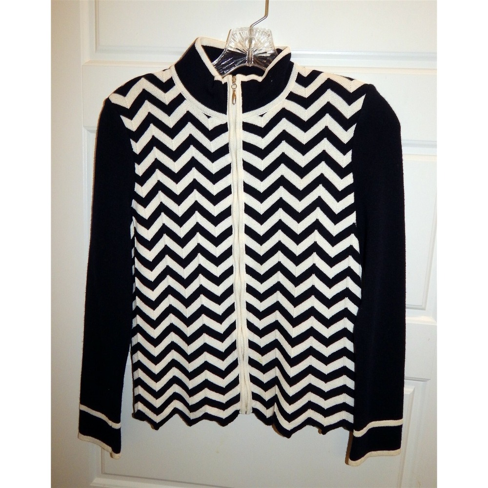 St John Navy Blue Off White Zig‎ Zag Full Zip Sweater Jacket sz 2